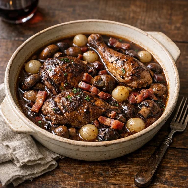 Coq au vin, French chicken braised in red wine
