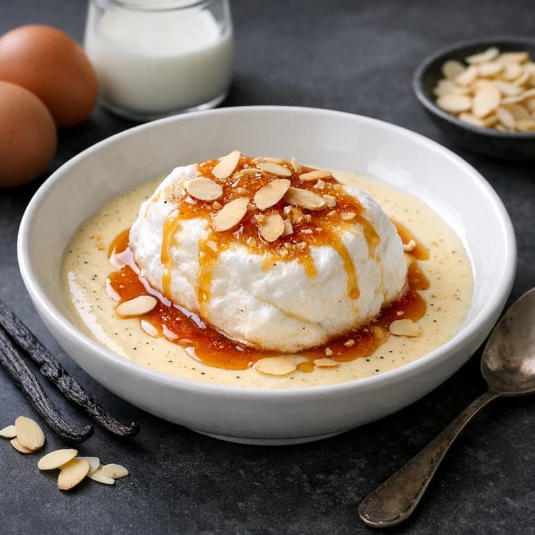 Île flottante, floating meringue on vanilla custard