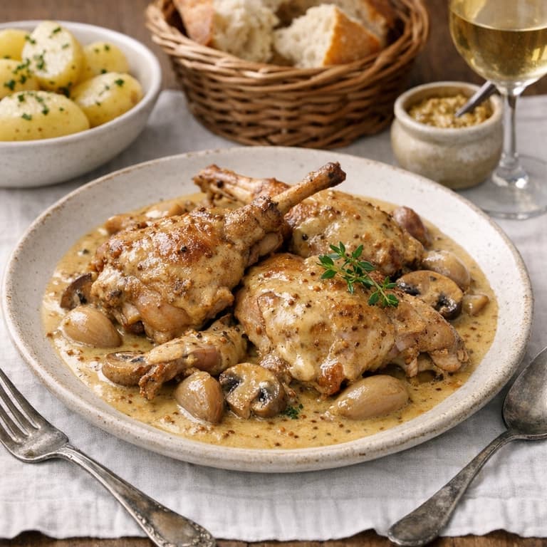 Lapin à la moutarde, rabbit in creamy mustard sauce