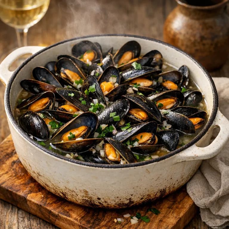 Moules marinières, French steamed mussels in white wine