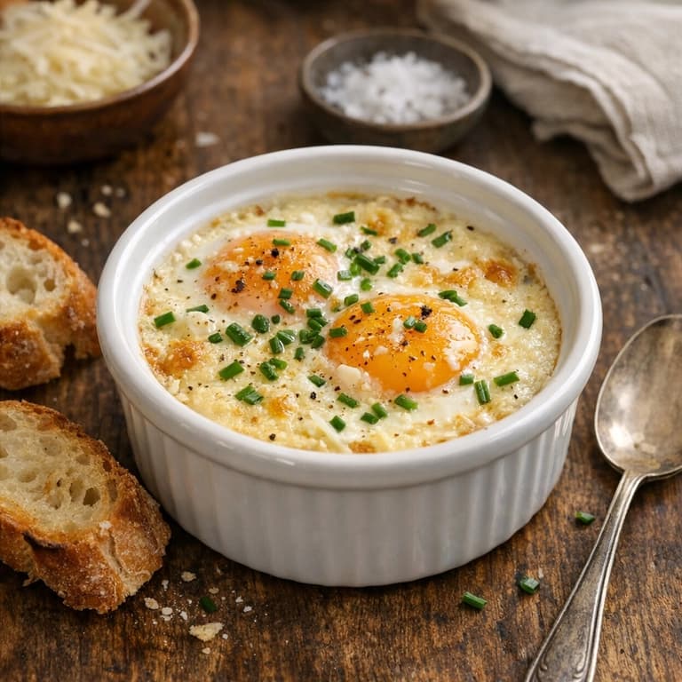 Oeufs cocotte, French baked eggs with cream and chives